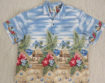 Mens Hawaiian Shirt KY'S Vintage Tropical Print Hut Outrigger Canoe Aloha Surfer Shirt 100% Cotton Camp - 2XL - Oahu Lew's Shirt Shack