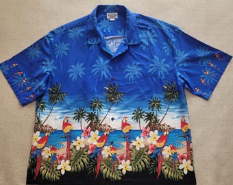 Herren Hawaiihemd , PACIFIC LEGEND Aloha Shirt, Made in Hawaii, Paradise Print Vogel Papagei Ara 100% Baumwolle Größe XLarge