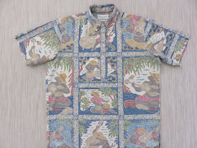 NEW Beige Ukulele /& Pineapple Band Men Hawaiian Aloha Shirt ~ MADE IN HAWAII