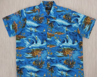 Vintage Hawaiian Shirt 70s VAN CORT Surfer Shirt Aloha Shirt Beach Boy Surfin Paradise Tropical Print Mens - XL - Oahu Lew's Shirt Shack