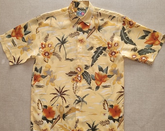 Seide HILO HATTIE Hawaii Hemd, Tropical Island Pop Art Aloha Hemd, 100% Seide Button Down Herrengröße SMALL