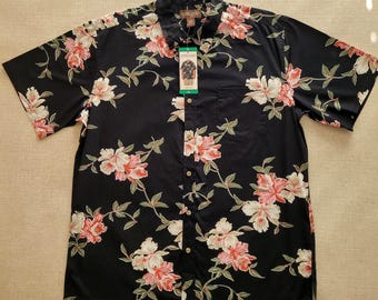 Schwarzes Hawaii Hemd, COOKE STREET Hawaiihemd, Tropisches Hawaii Aloha Hemd 100% Baumwolle Herren Größe XLarge