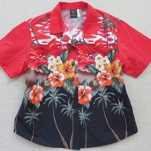 Damen Hawaii Hemd, PALMWAVE HAWAII Aloha Shirt Tropical Island Porpoise, Hibiscus Blume, Damen 100% Baumwolle Bluse, FRAU Größe klein