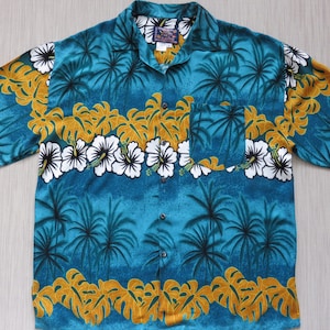 Hawaiian Shirt BASIX Paradise Island Aloha Shirt Tropical Hawaii Rain Forest Hibiscus Floral Rimmed Lei Mens Camp -L- Oahu Lew&#39;s Shirt Shack
