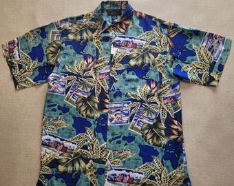 SILK TRADER'S Hawaii Hemd, Hawaii Karte Aloha Hemd, 100% Seide Button Down Herren Größe M