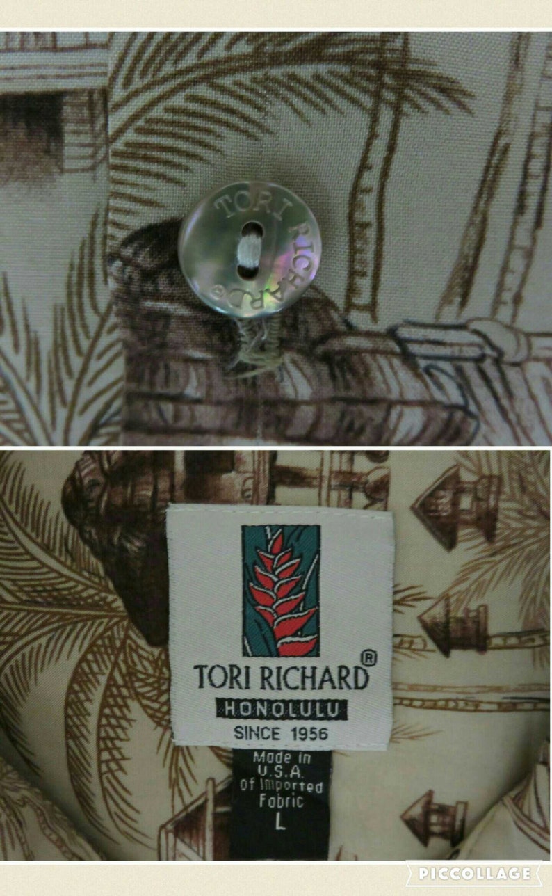 Vintage Hawaiian Shirt TORI RICHARD Asian Inspired Aloha Shirt Island Surfer Paradise Beach Huts Mens Camp L Oahu Le/'w/'s Shirt Shack