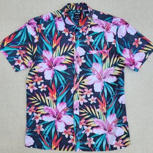 Hawaiian Shirt, Aloha Hawaii Shirt, HURLEY Hawaiian Shirt, Colorful Tropical Reverse Print Beach Shirt, 100% Cotton Camp Shirt, Men&#39;s Size L
