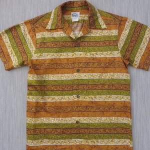 Vintage Hawaiian Shirt EVELYN MARGOLIS Hawaii 1960s Aloha Shirt Mod Tiki Tribal Striped Mens 100% Cotton Camp - S - Oahu Lew&#39;s Shirt Shack