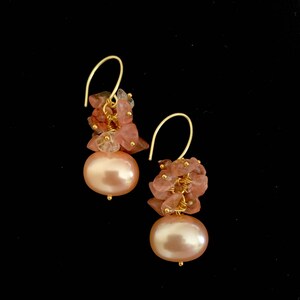 Pink Coral cluster and shell pearl earrings in gold plated.