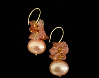 Pink Coral cluster and shell pearl earrings in gold plated.