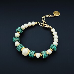 Turquoise and Fresh water pearl bracelet-Artisan jewelry-Bridal and wedding jewelry-Free shipping-Handmade bracelet.