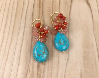 Quartz chip and coral cluster earrings in gold plated-blue howlite drop earrings.