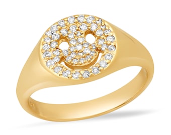 14K Smile Face Diamond Pave Signet Ring