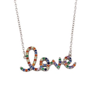Silver 925 Rhodium Plated &quot;Love&quot; Word Necklace with Rainbow CZ