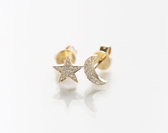 Diamond Moon and Star Stud Earring