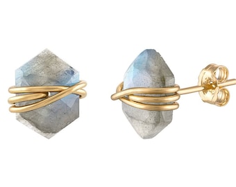 Gold Labradorite Stud Earrings: Geometric Gemstone Jewelry