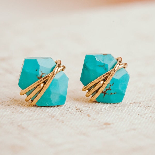 Gold Turquoise Stud Earrings: Natural Gemstone, Sterling Silver