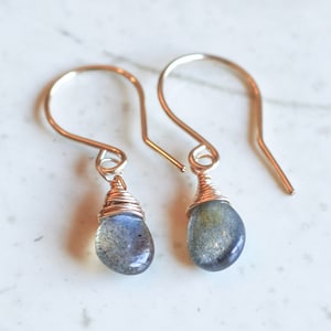 Dainty Labradorite Teardrop Earrings: Gold Filled or Sterling Silver