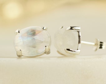 Handmade Sterling Silver Rainbow Moonstone Stud Earrings