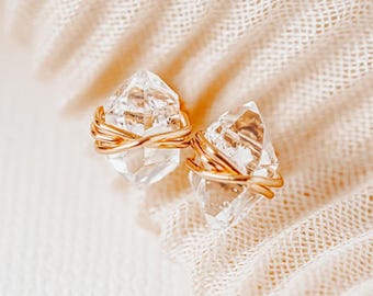 Herkimer Diamond Stud Earrings: Raw Quartz Crystal, Gold Filled