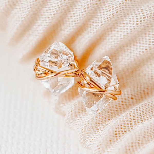 Herkimer Diamond Stud Earrings: Raw Quartz Crystal, Gold Filled