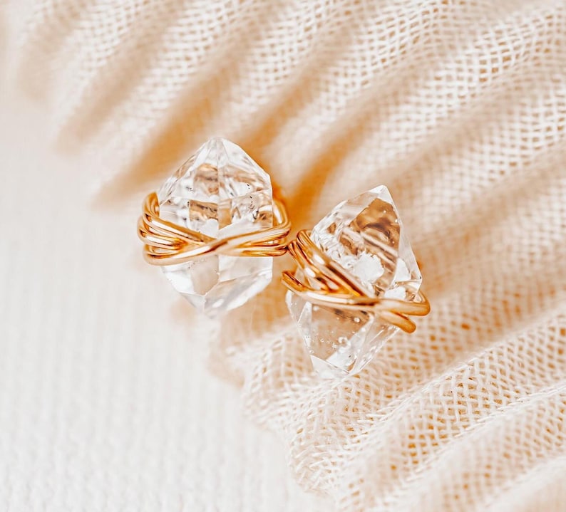 Herkimer Diamond Stud Earrings: Raw Quartz Crystal, Gold Filled