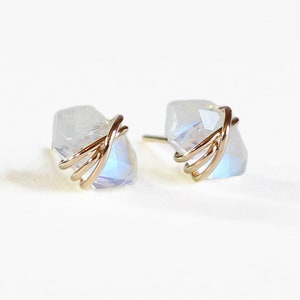 Rainbow Moonstone Stud Earrings, Minimalist & Lightweight Jewelry, Gold, Silver, and Rose Gold Options, Gift for Wife, Gift For Her