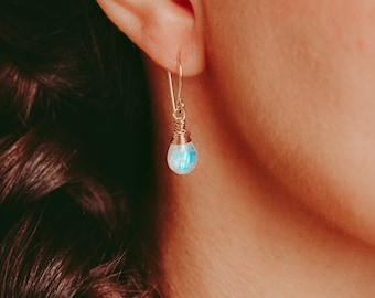 Gold Filled Rainbow Moonstone Drop Earrings: Sterling Silver Dangle