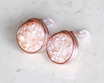 Peach Druzy Earrings, Druzy Studs, Druzy Post Earrings, Rose Gold Earrings, Druzy Stud Earrings, Gifts For Her