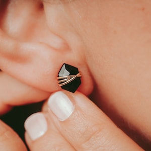Black Onyx Shadow Studs | Gold Filled, Silver, Rose Gold, Edgy Black Earrings, Dark Minimalist Jewelry, Bold Gift for Her, Black Studs