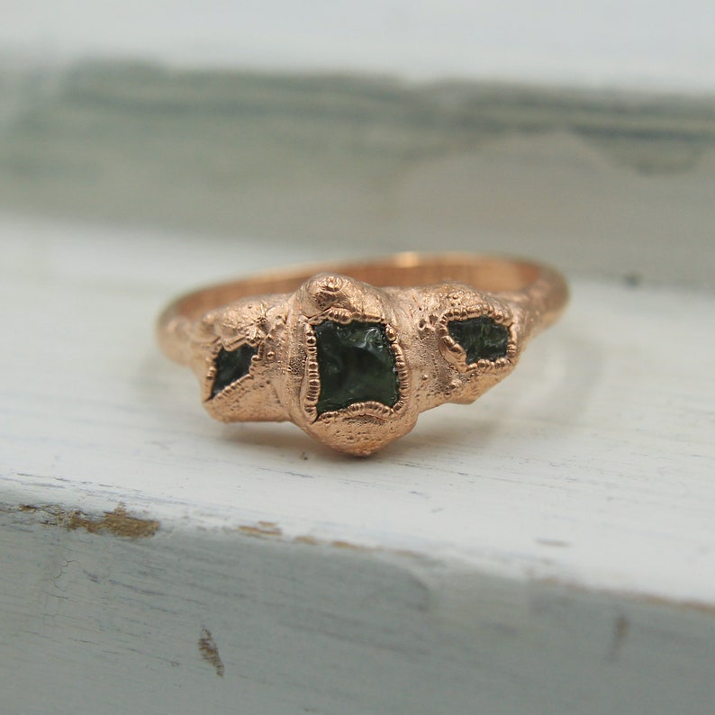 Peridot ring with electroformed copper band Raw stone ring 3-stone ring August birthstone Size 10 34