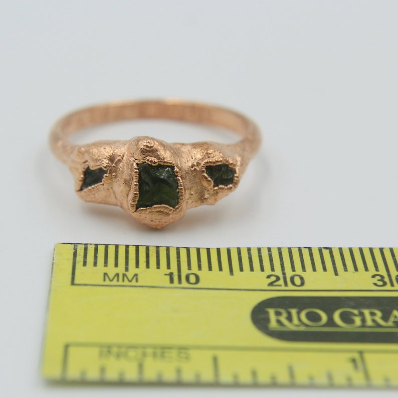Peridot ring with electroformed copper band Raw stone ring 3-stone ring August birthstone Size 10 34