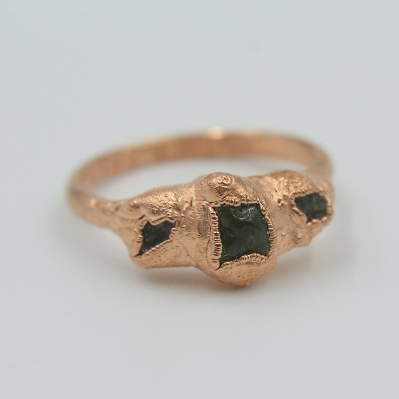 Peridot ring with electroformed copper band Raw stone ring 3-stone ring August birthstone Size 10 34