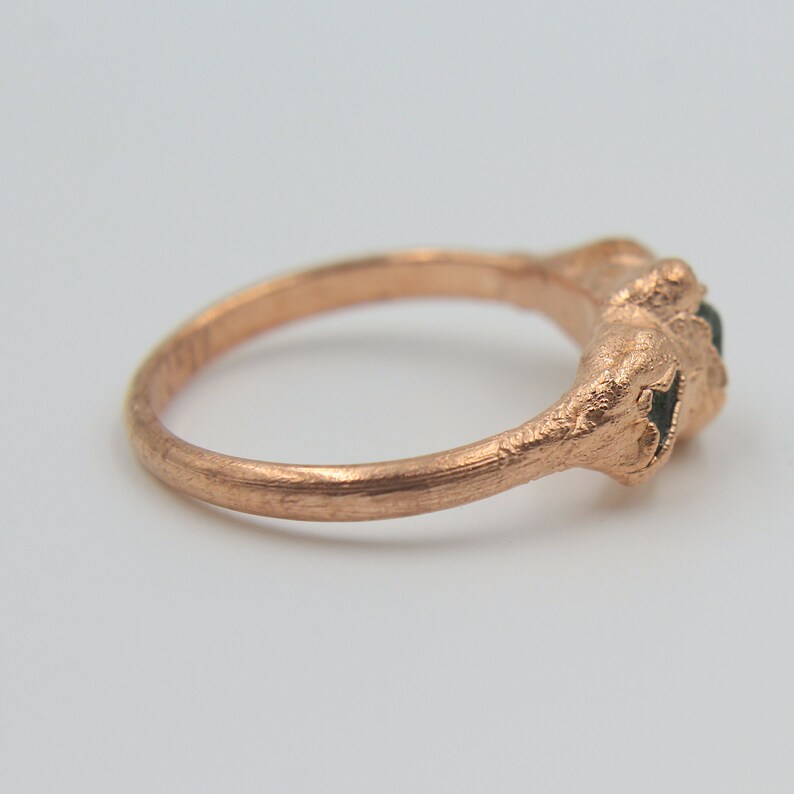 Peridot ring with electroformed copper band Raw stone ring 3-stone ring August birthstone Size 10 34
