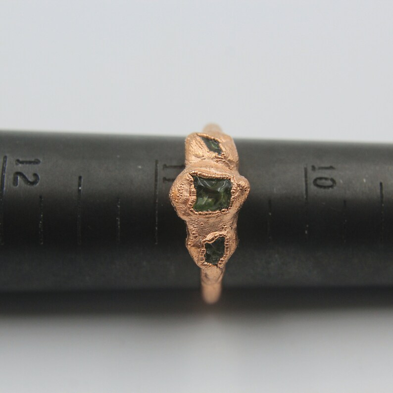 Peridot ring with electroformed copper band Raw stone ring 3-stone ring August birthstone Size 10 34