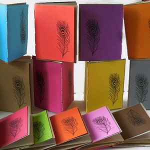 10 Recycled Notebooks, PEACOCK FEATHER Design, Zero Waste, Blank Unlined, Hand Bound, You Choose Any Colors, More Sustainable, Repurposed image 1