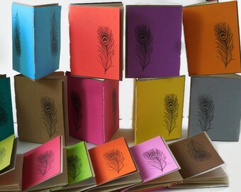 10* Recycled Notebooks, PEACOCK FEATHER Design, Zero Waste, Blank Unlined, Hand Bound, You Choose Any Colors, More Sustainable, Repurposed