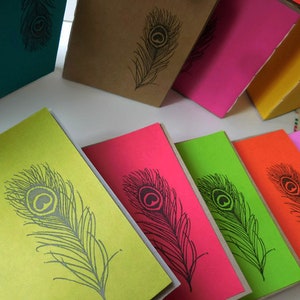 10 Recycled Notebooks, PEACOCK FEATHER Design, Zero Waste, Blank Unlined, Hand Bound, You Choose Any Colors, More Sustainable, Repurposed image 3