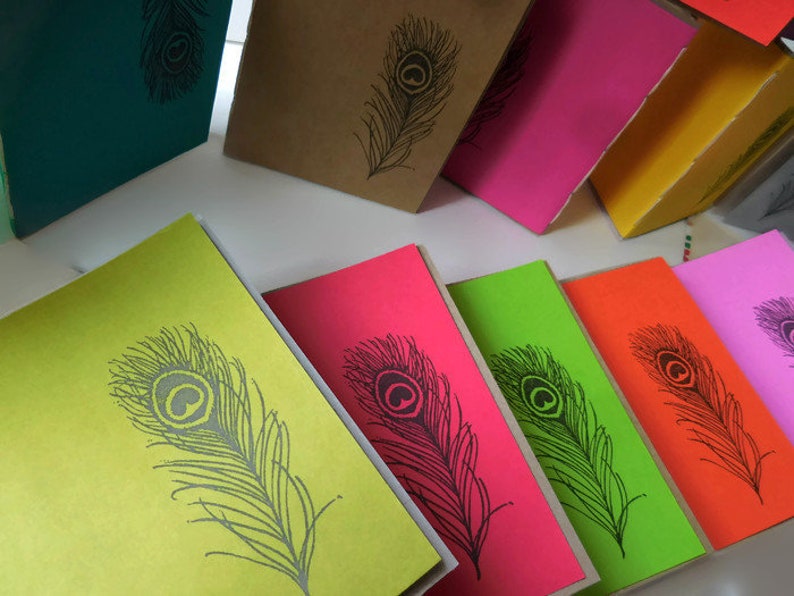 10 Recycled Notebooks, PEACOCK FEATHER Design, Zero Waste, Blank Unlined, Hand Bound, You Choose Any Colors, More Sustainable, Repurposed image 3