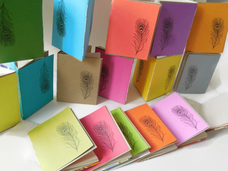 7pack Recycled Tree-Free Notebook, PEACOCK FEATHER Design, Zero Waste, Blank Unlined, Hand Bound, You Choose the color, handmade image 10