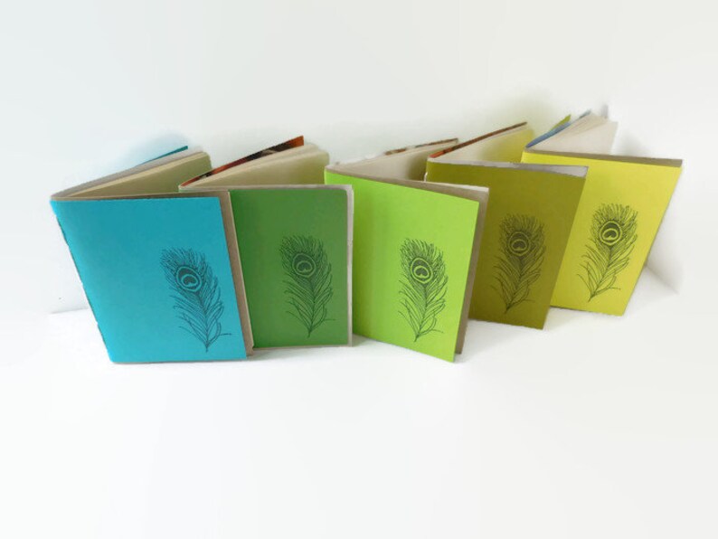 10 Recycled Notebooks, PEACOCK FEATHER Design, Zero Waste, Blank Unlined, Hand Bound, You Choose Any Colors, More Sustainable, Repurposed image 7