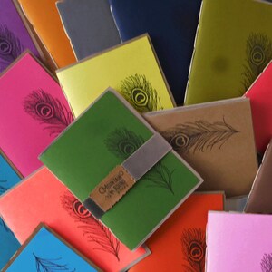 7pack Recycled Tree-Free Notebook, PEACOCK FEATHER Design, Zero Waste, Blank Unlined, Hand Bound, You Choose the color, handmade image 1