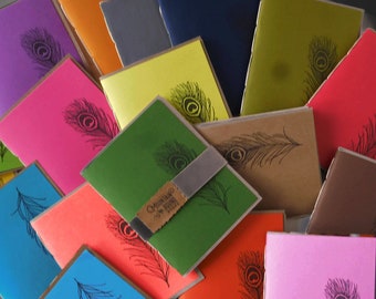 7*pack* Recycled Tree-Free Notebook, PEACOCK FEATHER Design, Zero Waste, Blank Unlined, Hand Bound, You Choose the  color, handmade