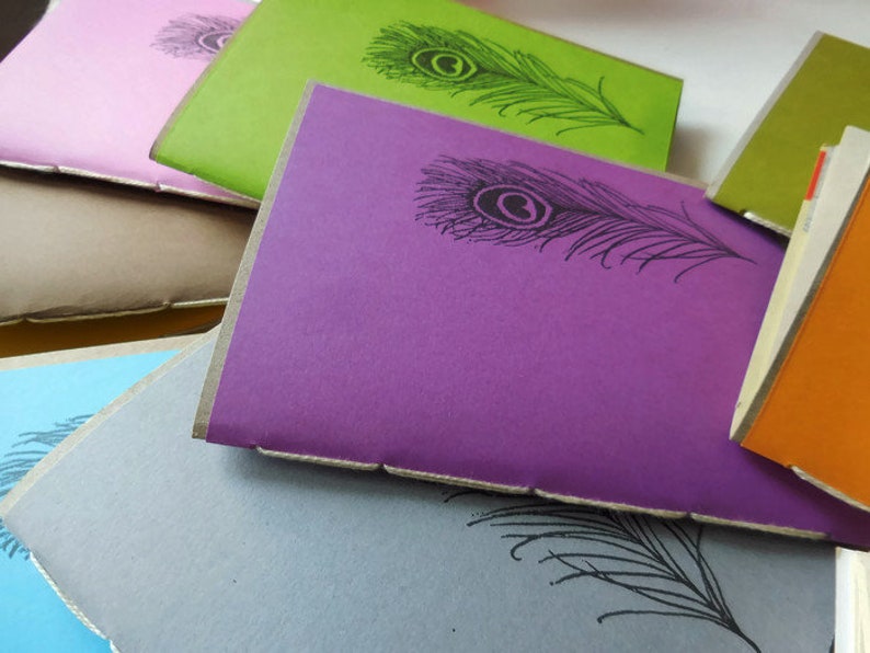 10 Recycled Notebooks, PEACOCK FEATHER Design, Zero Waste, Blank Unlined, Hand Bound, You Choose Any Colors, More Sustainable, Repurposed image 6