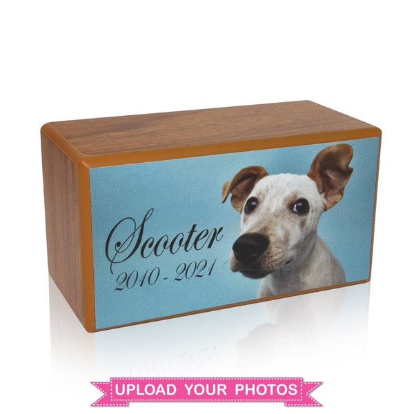 Custom UV-Printed Cremation Urn Box for Pet Ashes, Oak Finish Wooden Memorial Keepsake with Personalized Printed Photo Option