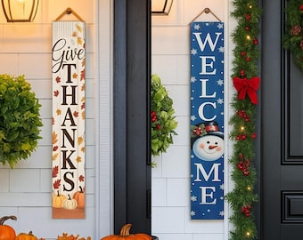 Double Sided Porch Sign: Christmas and Thanksgiving Welcome Decor
