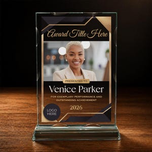 9.5" Custom Glass Award Plaque with Photo and Text, Crystal Trophy for Employee of the Month, Leadership and Appreciation Gift, D4