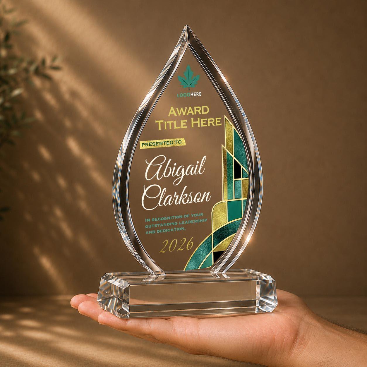 5x8" Flame Shaped Crystal Glass Trophy with Sturdy Base - Design 2
