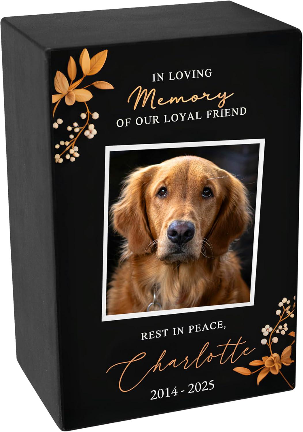 Personalized Wooden Dog Urn - Custom Photo Cremation Keepsake (Up to 30 lbs) - Design 4