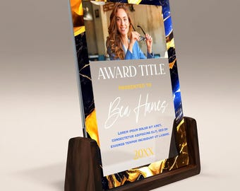 Personalized Crystal Glass Award Plaque with Wooden Base - Custom Corporate Trophy 6.5x8 Inch